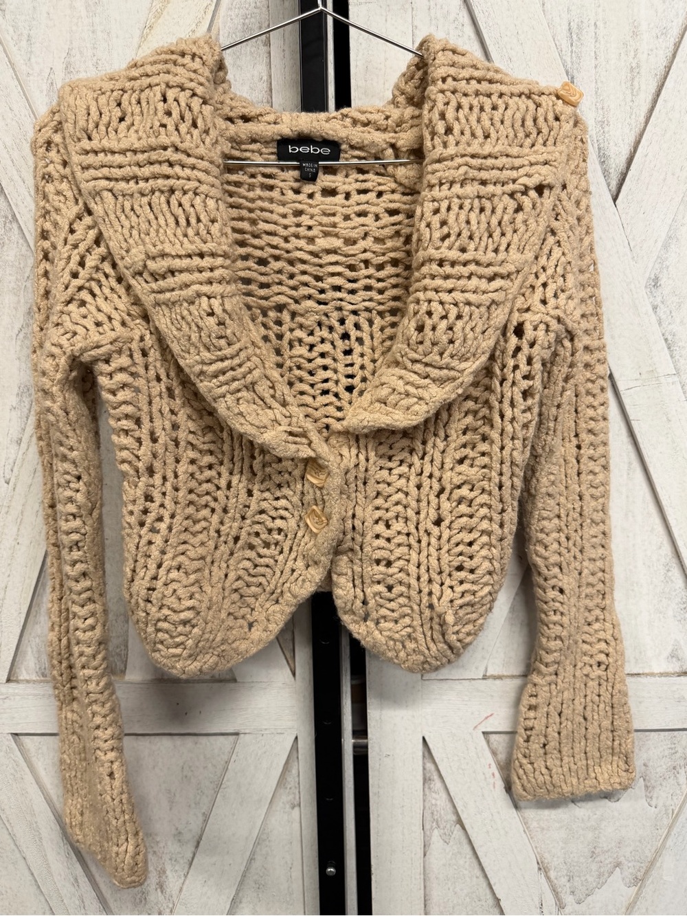 bebe Chunky Knit Shawl Collar Cardigan in Tan